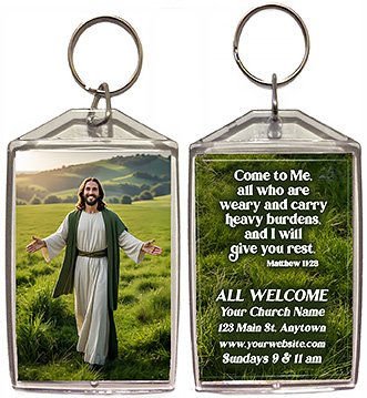 Come to Me is our original design for custom double-sided keychains for church welcome gifts, personalized with your church information for first time visitors.