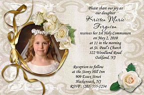 White Roses Photo Communion Invitations