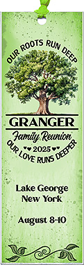 Family reunion bookmark favors in the Our Love Runs Deeper design are personalized with your family, reunion date and location.