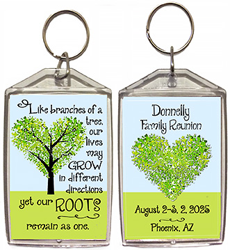 Family reunion keychain favors in Branches design are personalized with your family name & reunion date & place.