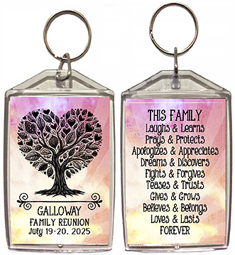 Family reunion keychain favors are personalized with your family name and reunion date with heart shaped tree on the front and family quote on the back.