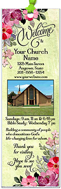 Flowers Photo Church is our original design for custom bookmarks for church welcome gifts, personalized with your church information and photo for first time visitors.