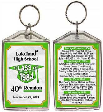 Class reunion keychain favors in the Graduation Cap design are personalized with your school name, colors and year, with fun facts from your graduating year on back.