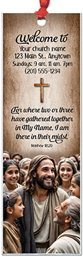 In Their Midst is our original design for custom bookmarks for church welcome gifts, personalized with your church information for first time visitors.