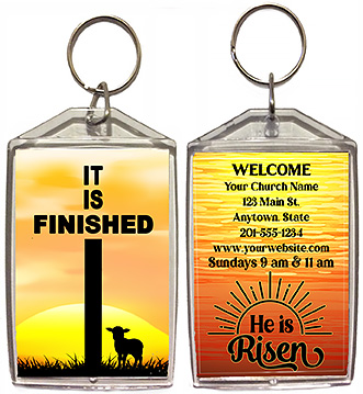 It Is Finished is our original design for custom double-sided keychains for church welcome gifts, personalized with your church information for first time visitors.