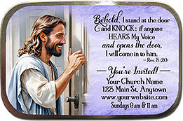 Knock at the Door is our original design for custom mint tins for church welcome gifts, personalized with your church information for first time visitors.