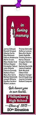 Memorial . class reunion bookmark favors are a memorial for classmates who have passed away, personalized with up to 50 names and includes school name and includes your school name, class and colors.