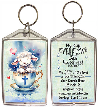 My Cup Overflows With Blessings is our original design for custom double-sided keychains for church welcome gifts, personalized with your church information for first time visitors.