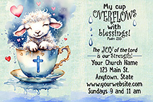 2x3 My Cup Overflows with Blessings is our original design for custom magnets for church welcome gifts, personalized with your church information for first time visitors.