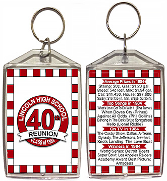 Class reunion key chain favors in My School design are personalized with your school name, colors, graduating year, with fun facts from your graduating year on back