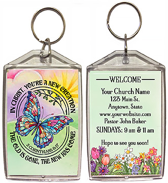 In Christ: A New Creation is our original design for custom double-sided keychains for church welcome gifts, personalized with your church information for first time visitors.