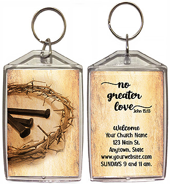 No Greater Love is our original design for custom double-sided keychains for church welcome gifts, personalized with your church information for first time visitors.