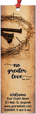 No Greater Love is our original design for custom bookmarks for church welcome gifts, personalized with your church information and photo for first time visitors.