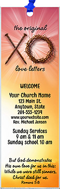 the Original Love Letters is our original design for custom bookmarks for church welcome gifts, personalized with your church information and photo for first time visitors.