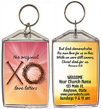 Original Love Letters is our original design for custom double-sided keychains for church welcome gifts, personalized with your church information for fi. rst time visitors.