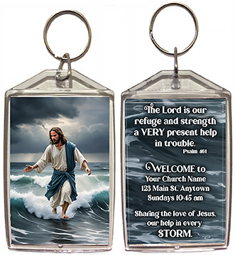 Our Help In The Storm is our original design for custom double-sided keychains for church welcome gifts, personalized with your church information for first time visitors.