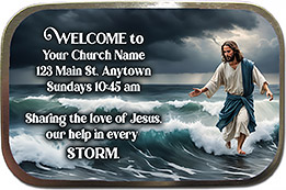 Our Help In The Storm is is our original design for custom mint tins for church welcome gifts, personalized with your church information for first time visitors.