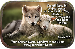 Perfect Peace is our original design for custom mint tins for church welcome gifts, personalized with your church information for first time visitors.