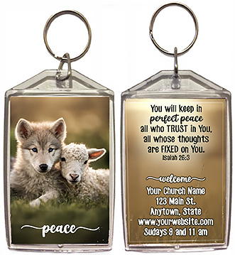 Pefect Peace is our original design for custom double-sided keychains for church welcome gifts, personalized with your church information for first time visitors.