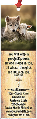 Perfect Peace is our original design for custom bookmarks for church welcome gifts, personalized with your church information for first time visitors.