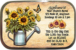 Rejoice is our original design for custom mint tins for church welcome gifts, personalized with your church information for first time visitors.