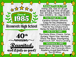 These 3 x 4 inch magnets class reunion favors in Reunited and It Feels So Good design are personalized with your school photo, name, colors and class, with fun facts from the year you graduated.