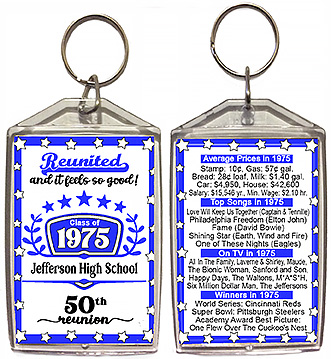 Class reunion keychain favors in the Reunited and It Feels So Good design are personalized with your school name, colors and year, with fun facts from your graduating year on back.