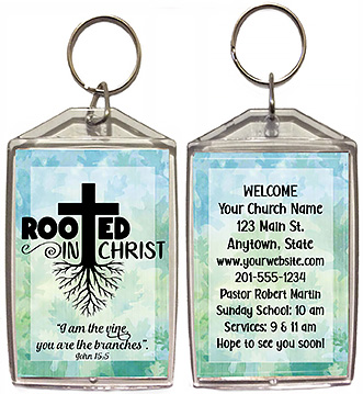 Rooted in Christ is our original design for custom double-sided keychains for church welcome gifts, personalized with your church information for first time visitors.