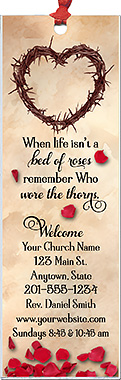 Roses and Thorns is our original design for custom bookmarks for church welcome gifts, personalized with your church information for first time visitors.