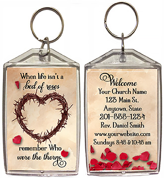 Roses and Thorns is our original design for custom double-sided keychains for church welcome gifts, personalized with your church information for first time visitors.