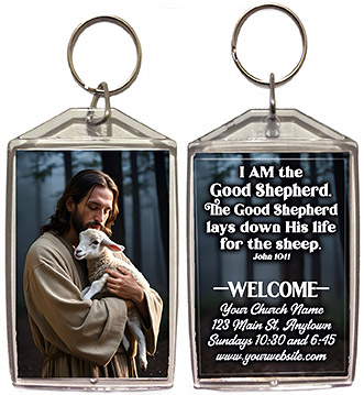 The Good Shepherd is our original design for custom double-sided keychains for church welcome gifts, personalized with your church information for first time visitors.