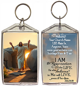 The Resurrection and the Life is our original design for custom double-sided keychains for church welcome gifts, personalized with your church information for first time visitors.