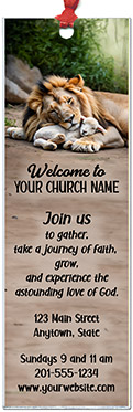 The and the Lamb is our original design for custom bookmarks for church welcome gifts, personalized with your church information for first time visitors.