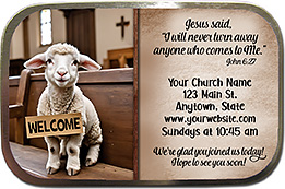 Welcome Lamb is our original design for custom mint tins for church welcome gifts, personalized with your church information for first time visitors.