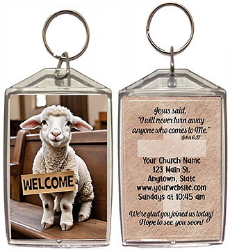 Welcome Lamb is our original design for custom double-sided keychains for church welcome gifts, personalized with your church information for first time visitors.