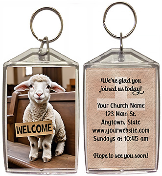 Welcome Lamb is our original design for custom double-sided keychains for church welcome gifts, personalized with your church information for first time visitors.