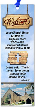 Welcome Church Photo is our original design for custom bookmarks for church welcome gifts, personalized with your church information and photo for first time visitors.