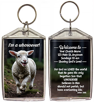 Whosoever is our original design for custom double-sided keychains for church welcome gifts, personalized with your church information for first time visitors.