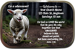 Whosoever is our original design for custom mint tins for church welcome gifts, personalized with your church information for first time visitors.