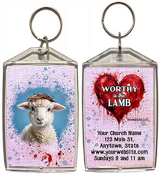 Worthy Is The Lamb is our original design for custom double-sided keychains for church welcome gifts, personalized with your church information for fi. rst time visitors.