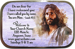 You are Mine is our original design for custom mint tins for church welcome gifts, personalized with your church information for first time visitors.