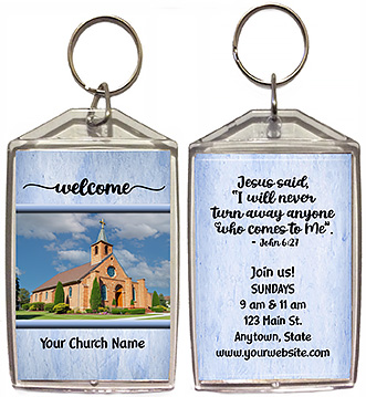 Your church photo is on the front of these custom double-sided keychains for church welcome gifts, personalized with your church information for first time visitors.