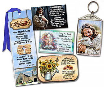 Our personalized church welcome gifts, including bookmarks, magnets, keychains and mint tins, are a great addition to your church welcome bag, and fully customizable by our artists.