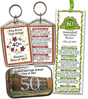 Ideas for class reunion favors - personalized bookmarks, mint tins, key chains, and magnets make great keepsakes for your classmates. You can even include a photo of your old school!