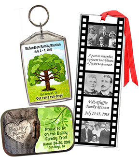 Family Reunion Favors - these unique, bookmarks, keychains, mint tins and magnets are personalized with your family name and reunion date.